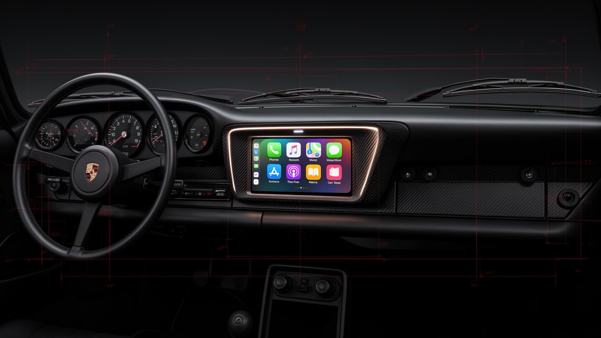 Porsche 911 dashboard with modern CarPlay screen retrofit